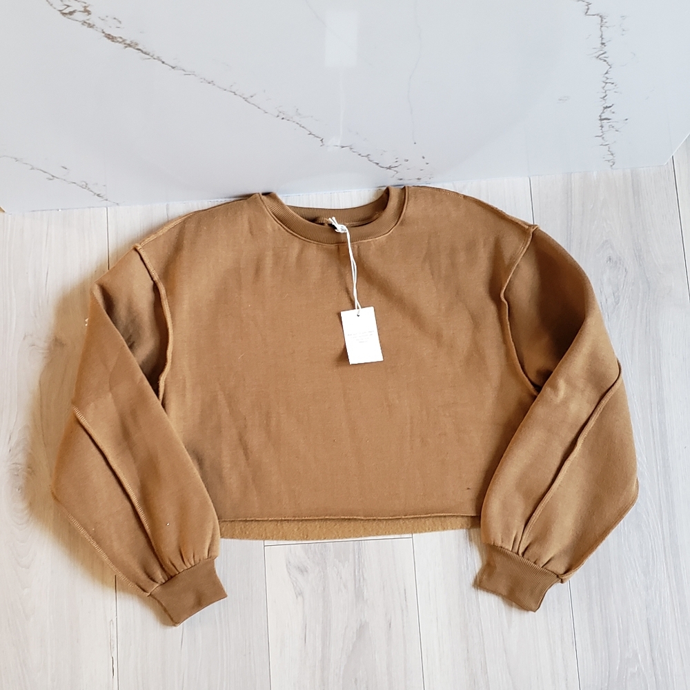 Amazhiyu Crewneck Sweatshirt Womens S Tan Crop Fleece Scandi Fall Layering Top